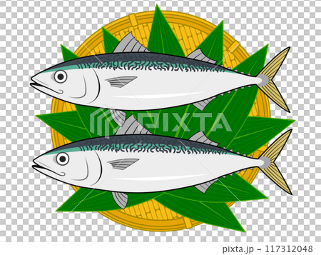 笹の葉を敷いたザルに乗せたサバ 117312048