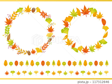 秋の紅葉した植物の円形フレームとラインのセット 117312646
