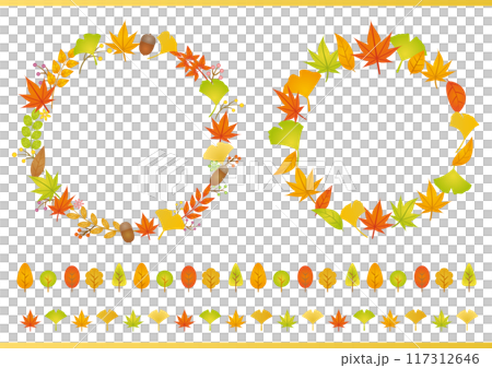 秋の紅葉した植物の円形フレームとラインのセット 117312646