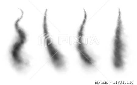 Black smoke trails, dark fog in the sky, black vapor from burning fire. 117313116