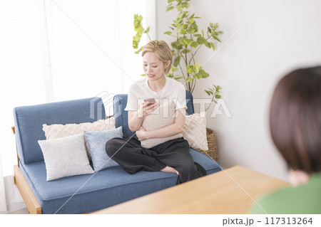 ソファーに座っている二人の女性 ソファーに座っている二人の女性 117313264