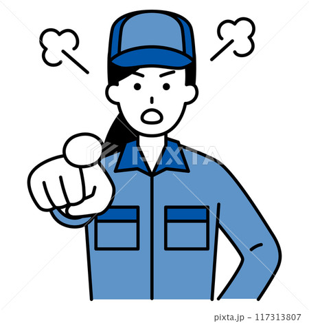 指差して怒るつなぎ作業服の女性 指差して怒るつなぎ作業服の女性 117313807