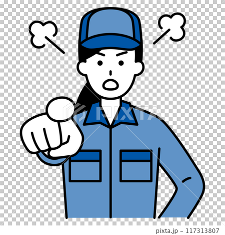 指差して怒るつなぎ作業服の女性 指差して怒るつなぎ作業服の女性 117313807