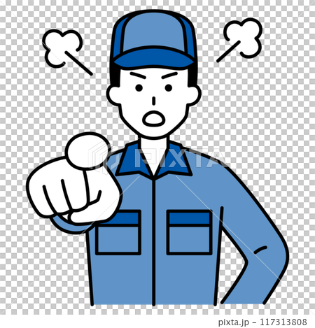 指差して怒るつなぎ作業服の男性 指差して怒るつなぎ作業服の男性 117313808