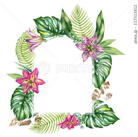 Watercolor tropical frame Tropical wreath with lilies Watercolor tropical frame Tropical wreath with lilies 117313812