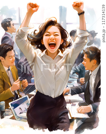 商談が決まって大喜びする女性社員 商談が決まって大喜びする女性社員 117314139