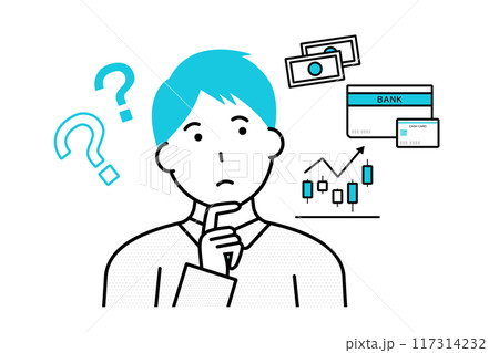 資金を貯金するか投資するかを迷う男性のイラスト 資金を貯金するか投資するかを迷う男性のイラスト 117314232