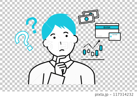Illustration of a man wondering whether to save or invest his money Illustration of a man wondering whether to save or invest his money 117314232
