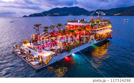 Aerial view of floating beach club in Phuket, Thailand 117314298