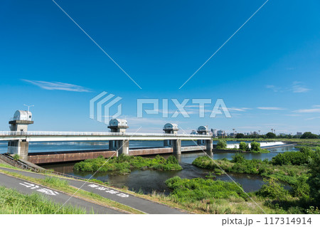 多摩川の二ヶ領上河原堰の壮観な眺め　夏晴れの青空　神奈川県川崎市 117314914
