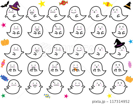 ハロウィンに最適！かわいい表情のおばけ達 117314952