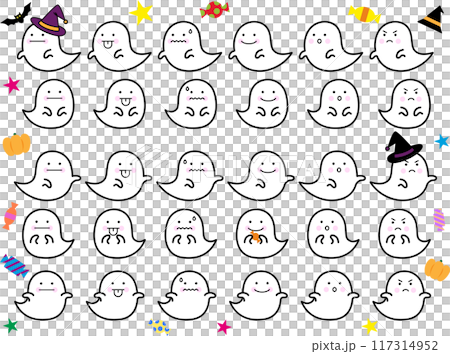 ハロウィンに最適！かわいい表情のおばけ達 117314952
