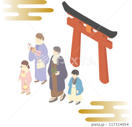 アイソメトリック　お正月　初詣　人物　家族　男性　女性　子ども　キッズ　イラスト素材セット　 117314954