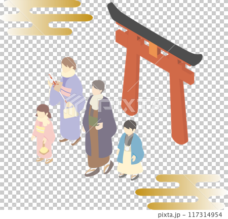 アイソメトリック　お正月　初詣　人物　家族　男性　女性　子ども　キッズ　イラスト素材セット　 117314954