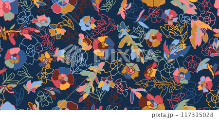 A vibrant and captivating floral design showcasing an array of colorful blooms and leaves against a dark background A vibrant and captivating floral design showcasing an array of colorful blooms and leaves against a dark background 117315028
