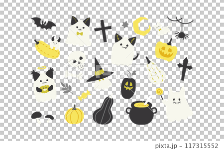 Ghost cat and Halloween illustration (Halloween Autumn Background Illustration Card Gray) 117315552