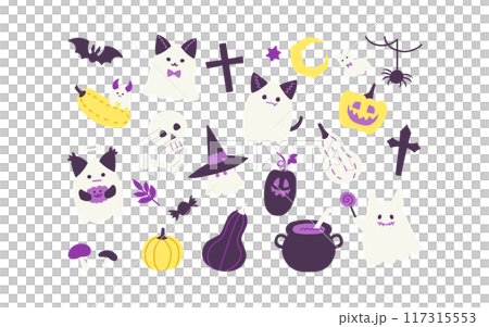 鬼貓和萬聖節插畫（萬聖節秋季背景插畫卡黃色） 117315553