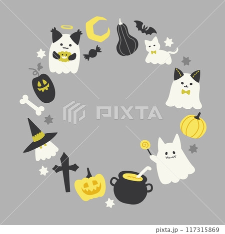 ゴーストキャットとハロウィン フレーム イラスト  ( ハロウィン 秋 背景 カード グレー ) 117315869