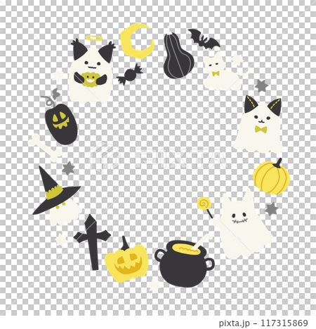 ゴーストキャットとハロウィン フレーム イラスト  ( ハロウィン 秋 背景 カード グレー ) 117315869