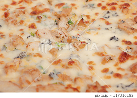 Pizza with chicken and cheese as background macro photo Pizza with chicken and cheese as background macro photo 117316182