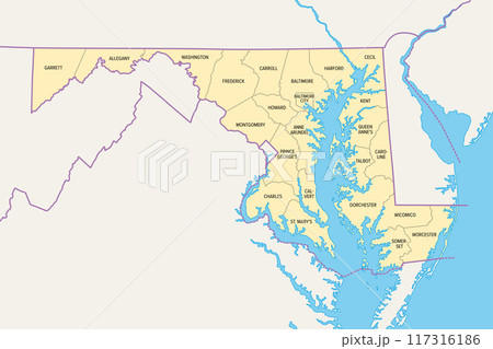 Maryland, U.S. state, political map with borders and county names. State in the Mid-Atlantic region of United States, subdivided into 23 counties and the independent City of Baltimore. Old Line State 117316186