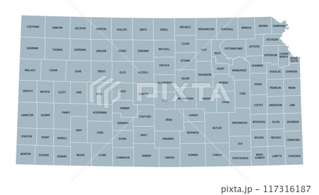 Kansas, U.S. state subdivided into 105 counties, gray political map with borders and county names. State in the Midwestern region of United States, nicknamed The Sunflower State, and The Wheat State. 117316187