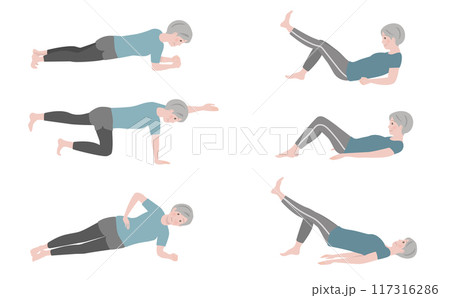 体幹トレーニングをする年配の女性のイラストセット:健康維持、筋力増強、サルコペニア予防、高齢者 体幹トレーニングをする年配の女性のイラストセット:健康維持、筋力増強、サルコペニア予防、高齢者 117316286