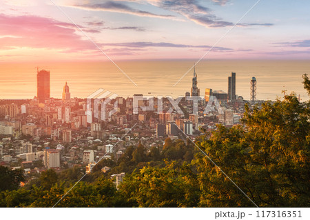 Batumi city, Georgia, view from above, panorama of the city during a picturesque sunset 117316351