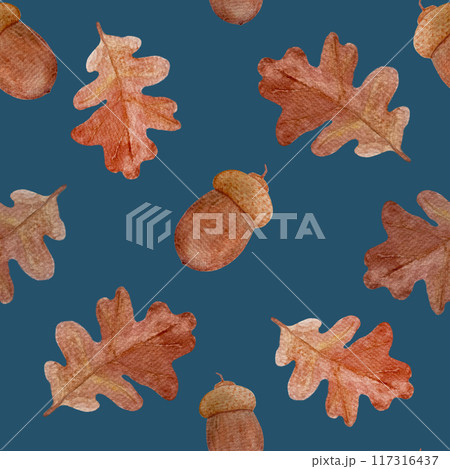 An oak leaf with an acorn watercolor seamless pattern on navy background. High quality hand painted drawing with wild forest plant in simple flat style for woodland designs, cards, textile, packages 117316437