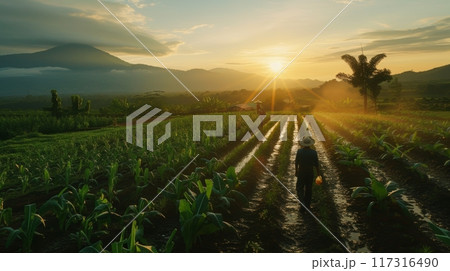 Farmers working the land during sunrise, with rays of light piercing through the mountainous backdrop on a lush farm. Farmers working the land during sunrise, with rays of light piercing through the mountainous backdrop on a lush farm. 117316490