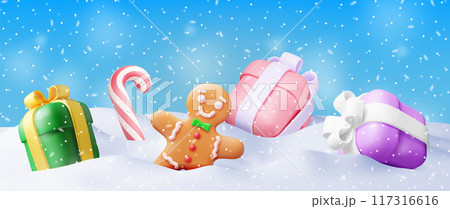 3D snowdrift with gift boxes background 3D snowdrift with gift boxes background 117316616
