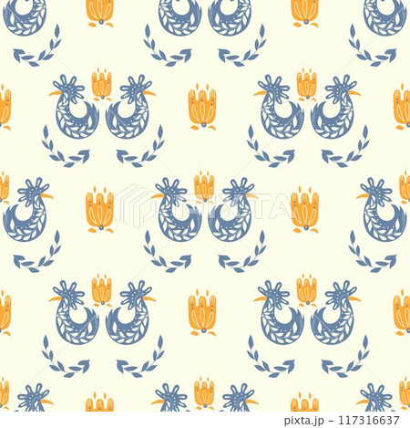 Folk ornamental bird and flowers seamless pattern. Suitable for printing on fabric and paper. Vector background Folk ornamental bird and flowers seamless pattern. Suitable for printing on fabric and paper. Vector background 117316637