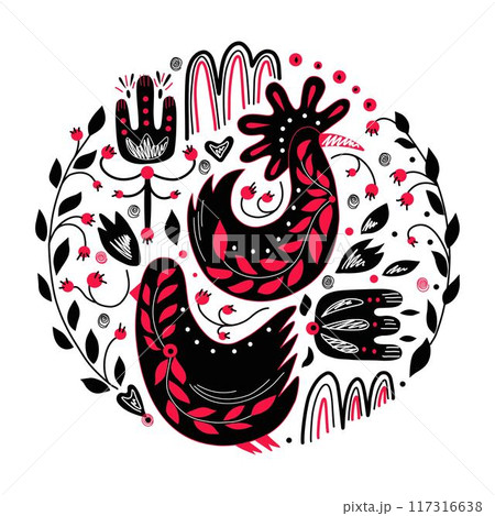 Folk ornamental bird and heart. Best for greeting card. Template vector illustration. Folk ornamental bird and heart. Best for greeting card. Template vector illustration. 117316638