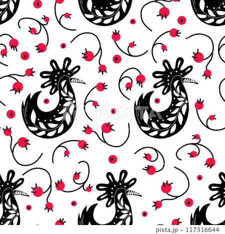 Folk ornamental bird and berries seamless pattern. Suitable for printing on fabric and paper. Vector background 117316644