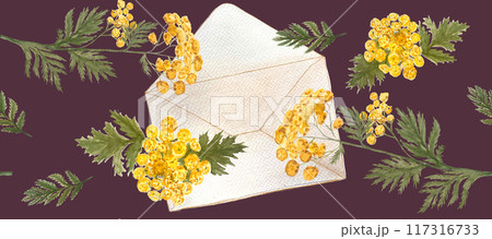 Blue tansy yellow flowers and open envelope watercolor seamless border on aubergine background. Hand painted illustration great for stickers, packages, herbal production, notebooks decor and design 117316733