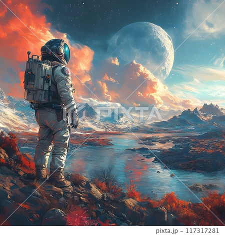 Space Adventurer Explores Vibrant Alien Landscape with Captivating Sci Fi Atmosphere 117317281