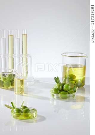 Fresh olives and olive oil contained on beakers, petri dishes and test tube decorated on white background. Lab theme for advertising product with olive oil extract 117317291