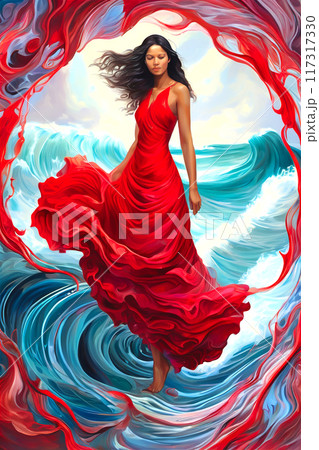 荒れ狂う波と赤いドレスの女性 117317330