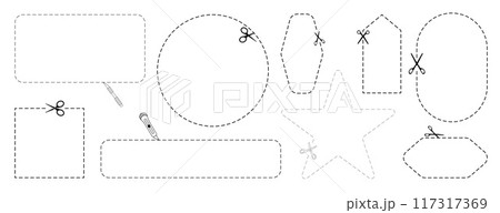 Cut here icon. Set of scissors cutting shape, paper cut here icon with dotted line for ticket, coupon, promo code. 117317369