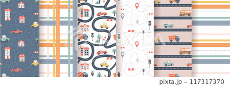 Kids seamless pattern with car, bus and road. Perfect for fabric , digital paper, cards. Kids seamless pattern with car, bus and road. Perfect for fabric , digital paper, cards. 117317370