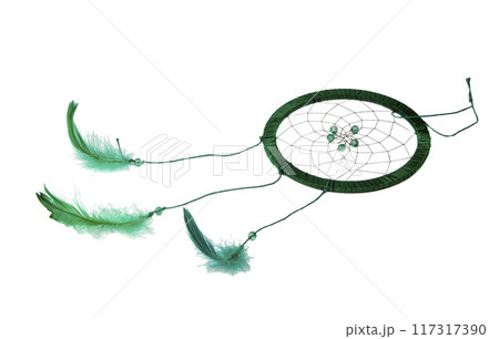 magic green dream catcher with feathers isolated on the white magic green dream catcher with feathers isolated on the white 117317390