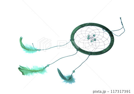 magic green dream catcher with feathers isolated on the white magic green dream catcher with feathers isolated on the white 117317391