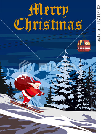 Merry Christmas poster Santa Claus skiing in snow mountains 117317402