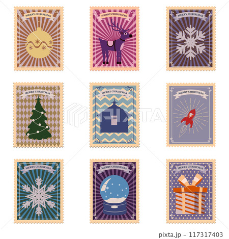 Christmas postal stamp seamless pattern old postage stamps 117317403