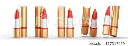 3d set of red lipstick in different angles view. Gold open and closed pomade tube mockup render icon. Luxury face cosmetic makeup beauty product template isolated on white background. 3D illustration 3d set of red lipstick in different angles view. Gold open and closed pomade tube mockup render icon. Luxury face cosmetic makeup beauty product template isolated on white background. 3D illustration 117317439