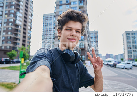 Selfie portrait of young handsome man with curly hair, outdoor 117317775