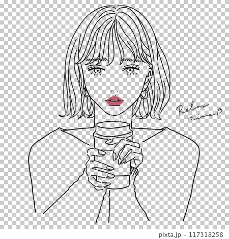 Woman drinking coffee line drawing 117318258