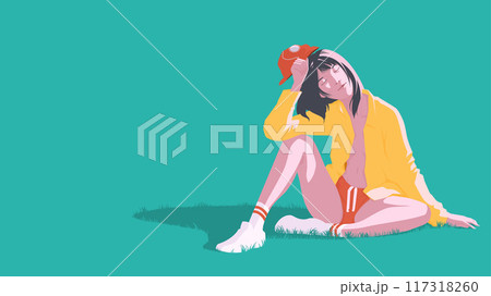 a young woman sitting on the grass, leaning slightly back with one hand holding her red cap a young woman sitting on the grass, leaning slightly back with one hand holding her red cap 117318260