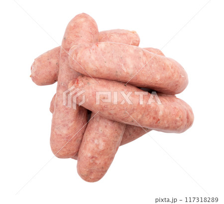 uncooked pork sausages isolated on white background uncooked pork sausages isolated on white background 117318289
