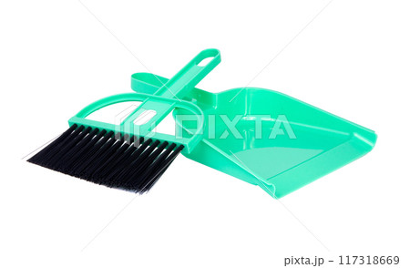 green dustpan scoop and brush isolated on the white 117318669